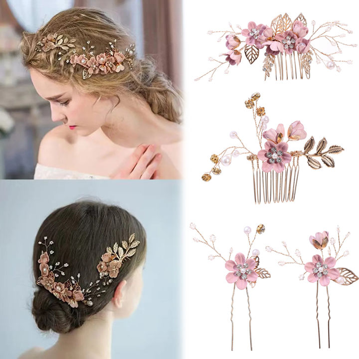 4pcs/Set Pearl Flower Hairpin Side Comb Golden Leaf Shaped Alloy Tiaras Wedding Bride Insert Hair Clips Hair Jewelry Bride Headwear