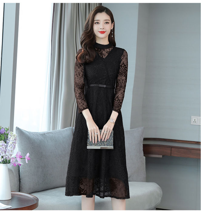 bellylady%20Women%20Cotton%20Lace%20Dress%20Fashion%20Long%20Sleeves%20Middle%20Waist%20A-line%20Skirt%20Elegant%20Mid-length%20Dress%20For%20Party%20Wedding%20-%20Image%206