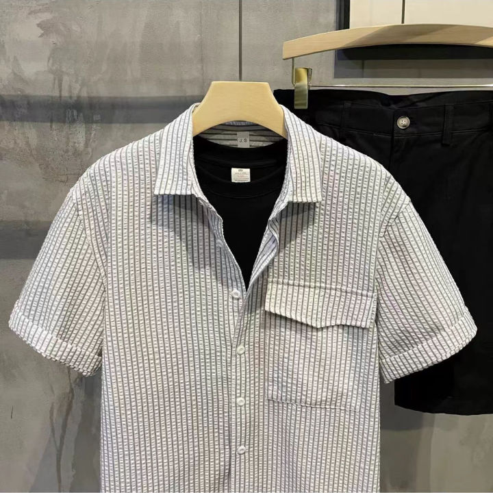 2024%20Summer%20New%20Handsome%20Square%20Collar%20Shirt%20Short%20Sleeve%20High%20Sense%20Simple%20Trendy%20Casual%20All-Matching%20Shirt%20Men's%20Clothing%20-%20Image%203
