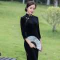 bellylady Women Cotton Velvet Cheongsam Dress Elegant Slim Fit Stand Collar Fashion Retro Solid Color Large Size Cheongsam. 