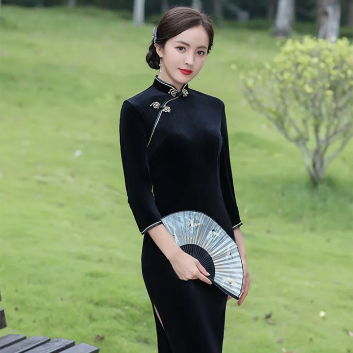 bellylady%20Women%20Cotton%20Velvet%20Cheongsam%20Dress%20Elegant%20Slim%20Fit%20Stand%20Collar%20Fashion%20Retro%20Solid%20Color%20Large%20Size%20Cheongsam%20-%20Image%207