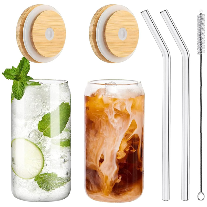 2PCS Set, Drinking Glasses with Bamboo Lids 16Oz Can Shaped Glass Cups ...