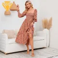 Lady Long Dress Floral Print Square Neck Midi Dress Long Sleeve A-line Spring Fall Dress for Women Backless Patchwork Hem Pleated Dress with Elastic Bust Fashion Spring Chiffon Dress. 