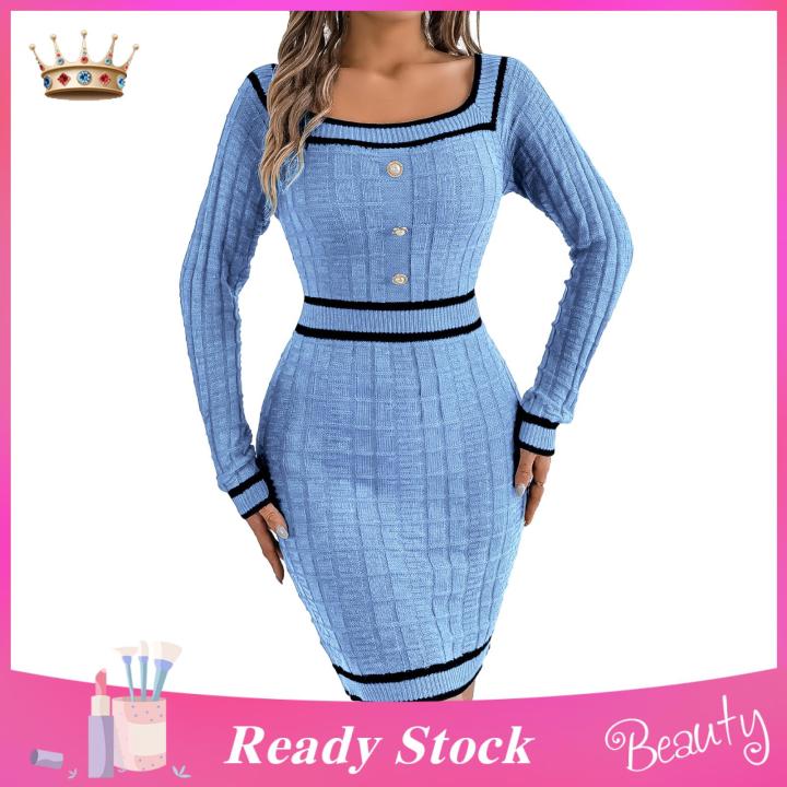Trendygirl Women Mercerized Cotton Dress Women’s Long Sleeve Knit Bodycon Dress Square Neck Slim Fit Mini Sweater Dress with Buttons – Stylish Fall Casual Tight Dress for Ladies Slim Fit Hip-hugging Dress