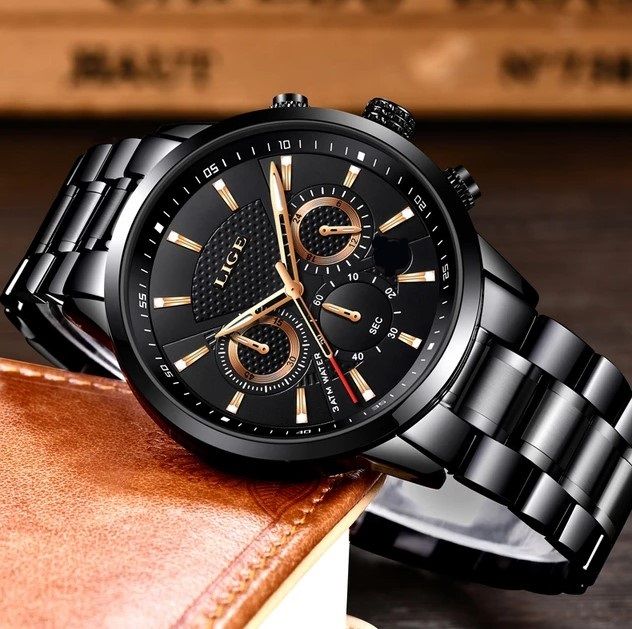 Stainless Steel / Leather Band Luxury Men Watch Quartz Analog Business Chain Casual Wrist Dial LIGEx Watches For Boys Gents TecZone LK