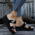 2023 Oversized Shoes New Summer Slope Heel Thick Sole Slippers One Line Rhinestone Women's Sandals Women's Shoes. 