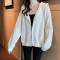 Yfashion Women Cotton Letter Embroidered Hooded Sweatshirt Loose Long Sleeve Zipper Cardigan Jacket color. 