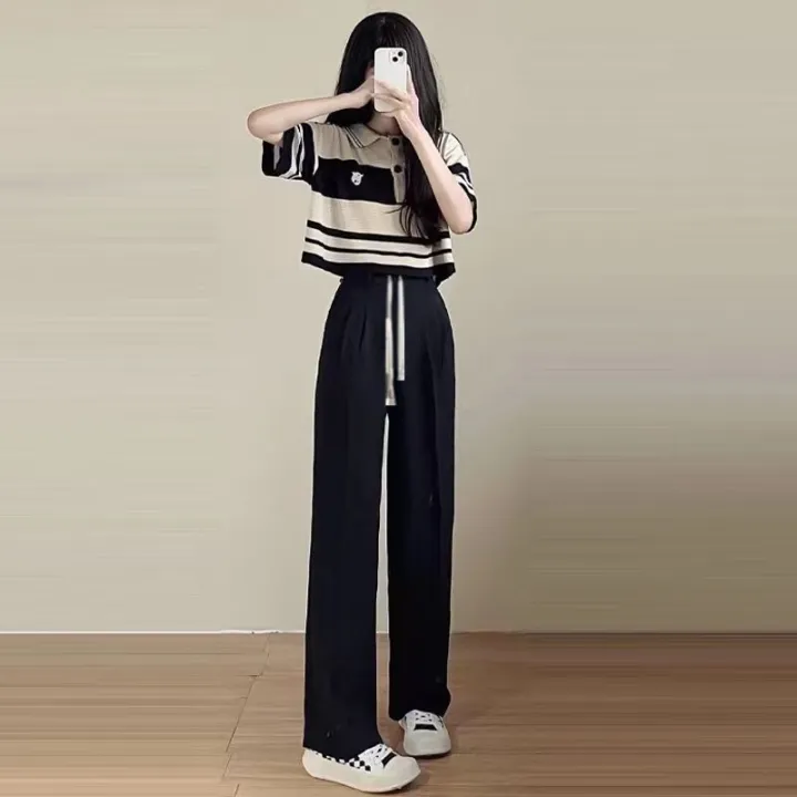 New%20Fashion%20Outfit%20Women's%20Summer%20Korean%20Style%20Loose%20Salt%20Wear%20StripedPoloCollar%20Top%20Wide%20Leg%20Pants%20Two-Piece%20Set%20-%20Image%206