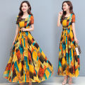bellylady Women Cotton Casual Dress Floral Pattern Round Neck ing Short-sleeve A-line Long Dress. 