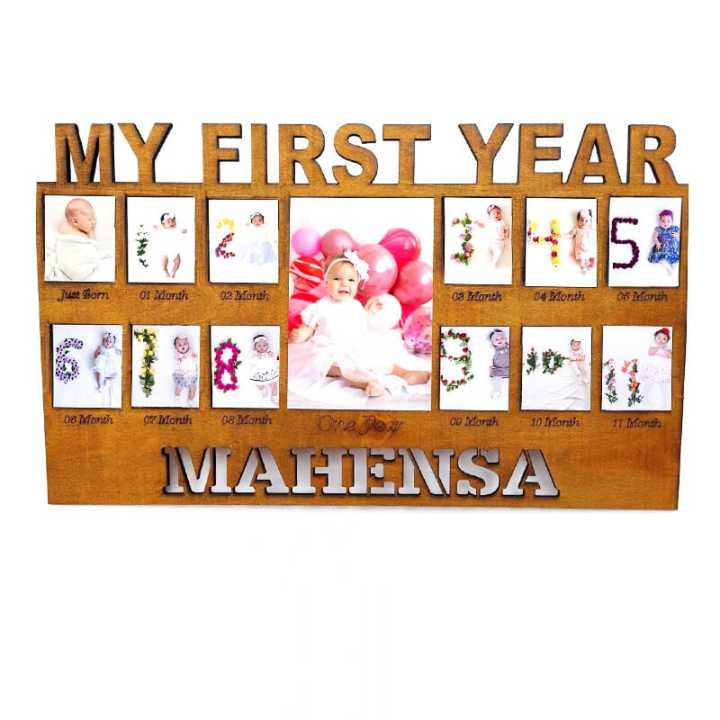 Baby's First Year Photo Frame in wood with baby name,12 month baby pictures