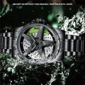 Binbond rotation wheel watch for man spinning rim hub quartz wristwatch male full black stainless steel Reloj rotating skeleton dial clock. 