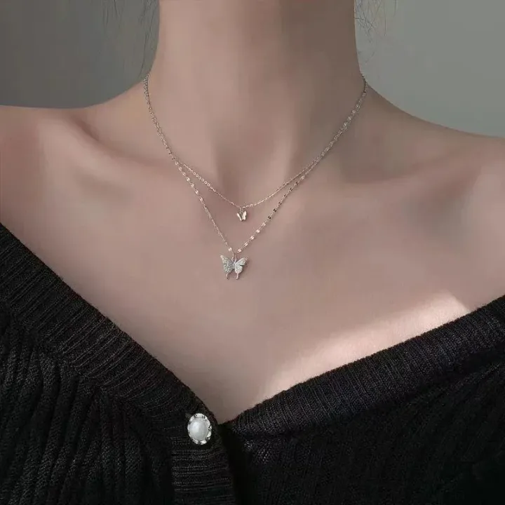 New%20Elegant%20Silver%20color%20Shiny%20Butterfly%20Necklaces%20Ladies%20Exquisite%20Double%20Layer%20Clavicle%20Chain%20Necklace%20Jewelry%20Gift%20-%20Image%204