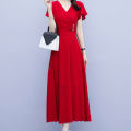 bellylady Women  Dress Fashion V-neck Short-sleeve Skirt Solid Color Waist-ing Long Skirt color. 