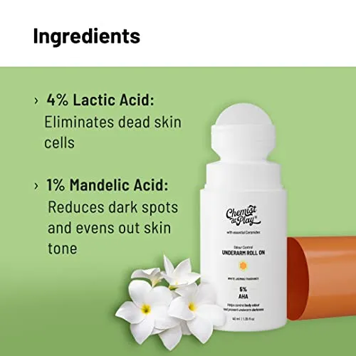 Chemist at Play UnderArm Roll-On with 5% AHA, Lactic Acid & 1% Mandelic Acid | Prevents Body Odour, Brightens Skin & Exfoliates Underarm | For Sensitive Skin |White Jasmine Fragrance|Alcohol Free-40ml (FROM INDIA SAB)