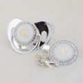 MIYOCAR silver Initial letter R elegant bling pacifier and pacifier clip BPA free bling ideal gift SGS pass LR-1. 
