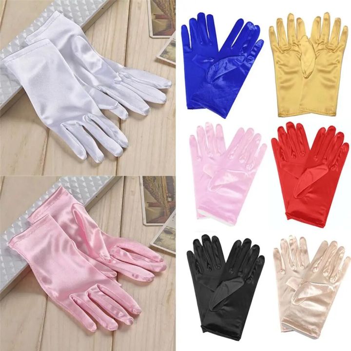 【HOT】 Classic Adult White Gold Champagne Wedding Gloves Sunscreen Gloves Stretch Satin Finger Gloves Women