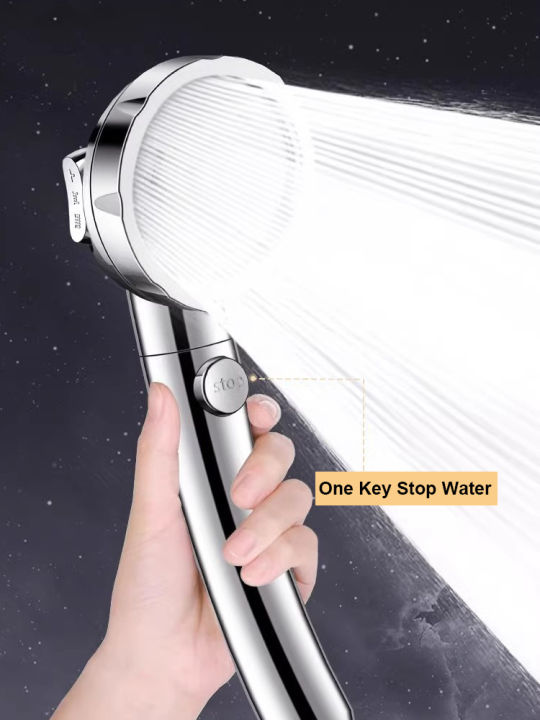 3 Modes High Pressure Shower With Stop Button Black Silver Saving Water ...
