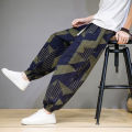 Yfashion Men Cotton Harem Pants Trendy Chinese Style Printing Thin Trousers Contrast Color Loose Casual Cotton Linen Pants. 