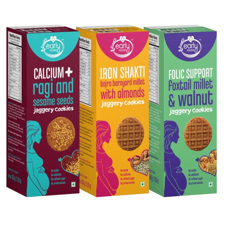 Early Foods - Pack of 3 Pregnancy Biscuits - Millet Biscuits | Sugarfree Biscuits - (Ragi Sesame, Foxtail Walnut & Bajra Barnyard Cookies) (FROM INDIA) SAB