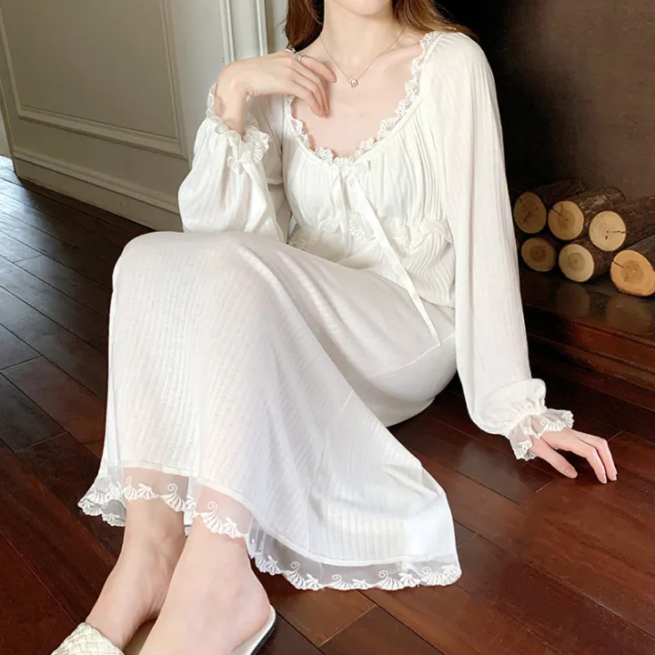 SYQ%20New%20Spring%20And%20Summer%20Fairy%20Lace%20Princess%20Nightdress%20French%20Retro%20Palace%20Long%20Pajamas%20Home%20Clothes%20With%20Chest%20Pad%20-%20Image%204