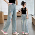 Girls' Ripped Jeans 2024 Summer New Internet Celebrity Girls' Retro Loose Thin Children's Narrow Wide-Leg Pants. 