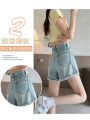 Summer New Curling Denim Shorts for Women 2024 Fashionable All-Match Rhinestone Loose a Word High Waist Wide Leg Hot Pants. 
