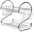 Space-Saving 2-Tier S Shaped Dish Drying Rack Kitchen Organizer with Stainless Steel Build, Removable Drainboard, and Enhanced Storage for Cutlery and Plates. 