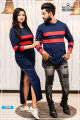 Navy Blue Red Two Line Long Sleeve Couple T shirt Maxi Dress | AS509. 