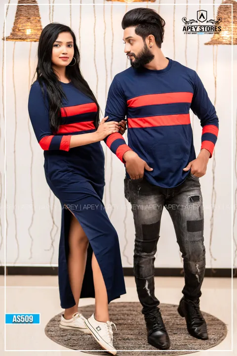 Navy%20Blue%20Red%20Two%20Line%20Long%20Sleeve%20Couple%20T%20shirt%20Maxi%20Dress%20%7C%20AS509%20-%20Image%204