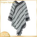 Enigma- Cloak Coat Thick Striped Print Fringe Trim Loose Shawl Coat. 