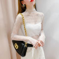 High Transparent Mesh Bottoming Shirt for Women Summer Thin Long Sleeves Sun Protection Inner Wear Gauze Clothes Turtleneck Lace Top Western Style Tulle. 