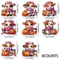 8pcs Cute Halloween Cow Sublimation UV DTF Cup Stickers, Waterproof Sticker Pack for Decorating Mugs, Cups,DIY Art Supplies. 
