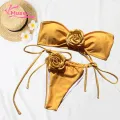 Muses Mall Bikini Set with Flower Decoration Floral Bandeau Bikini Set with Lace-up Swim Briefs Quick Dry Beachwear for Women 2pcs/set Bikini Set. 