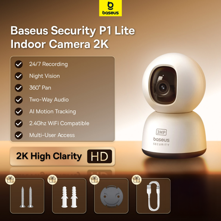 Baseus P1 Lite IP CCTV Camera Full Set with Remote Monitor 2K HD Smart Indoor Mini Camera with 360 Degree Rotation Night Vision Two-Way Audio Motion Detection for Home Security