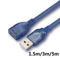 【HIGH QUALITY】USB extension cable / data cable longer Transparent blue 1.5/3/5 m pure copper tape shielded connection cable. 
