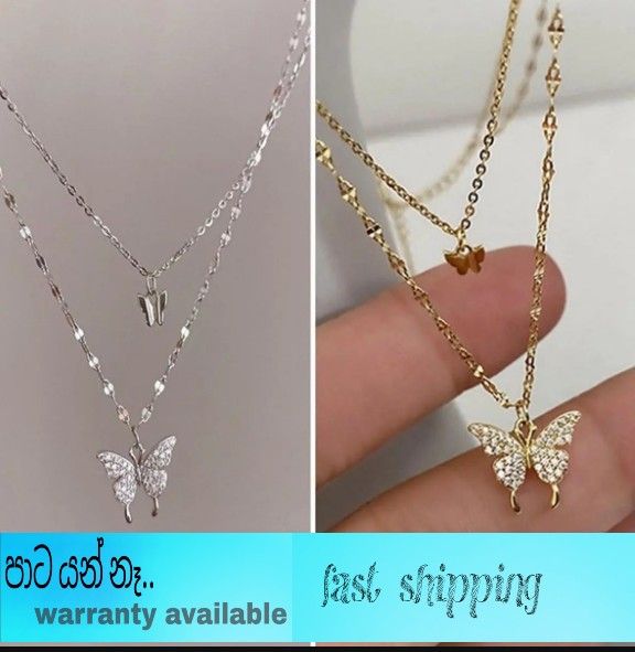 Gold silver Color Shiny Butterfly Necklace Double Layer chain necklace Pendant Daraz.lk