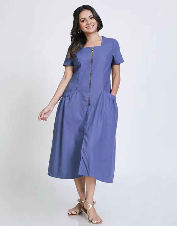 Spring & Summer Square Neck Dress with Front Pockets