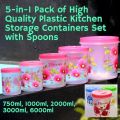 5 in 1 High Quality Plastic Kitchen Storage Containers Set with Spoons Sized from 750ml (Small) to 6 Liter (Jambo). 