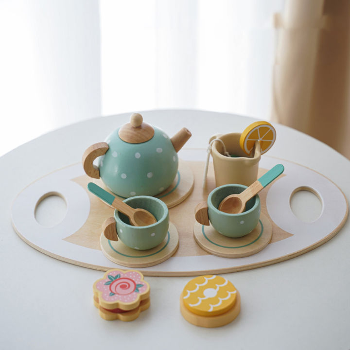 Kidlove Kids Wooden Afternoon Tea Set Toy Pretend Play Food Learning Role Play Game Toys For Girls Boys Gifts