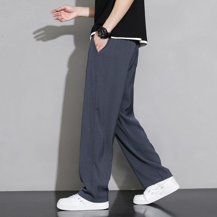 Draping Ice Silk Casual Pants Men's Summer Thin Loose Straight Fashion Men's Clothing Sports Wide Legs Boys Long Pants