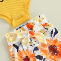 Baby Tops Shorts Suit, Short Sleeve Round Neck Knitting Romper Shirt Floral Print Kid Girl Pants + Headband. 