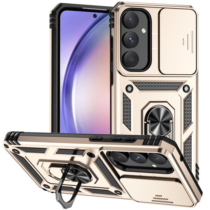 For Samsung Galaxy A55 5G Case with Slide Camera Cover, 360° Ring Holder Metal Kickstand, work for Phone Holder Car Mount, Drop Peep Protection