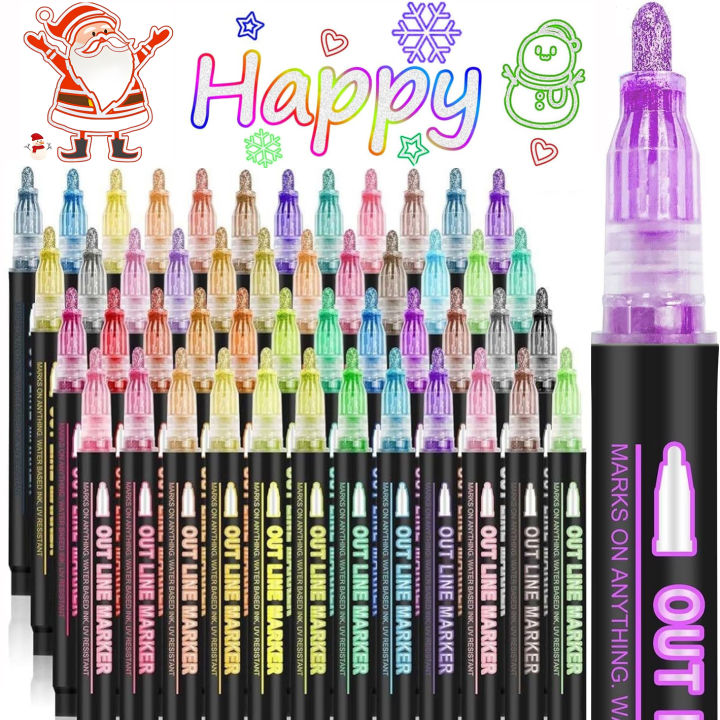 Double Line Outline Metallic Markers Pens, Double Line Pen, Glitter Drawing Pens for Greeting Cards, Craft, Posters, Paint