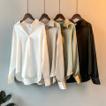 Yfashion Women Cotton  Satin  Shirt Lapel Long-sleeved Solid Color Loose Drape Retro Shirt color. 