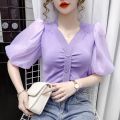 【Free Returns】 Blouse Women Solid V-neck Chiffon Puff Sleeve Ladies Knitted Shirts Summer New Thin Korean Style Plus Size Female Tops. 