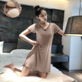 Pajamas Women's Summer One-Piece Short-Sleeved Dress with Chest Pad Mid-Length Student Cute Loungewear Can Be Worn outside. 