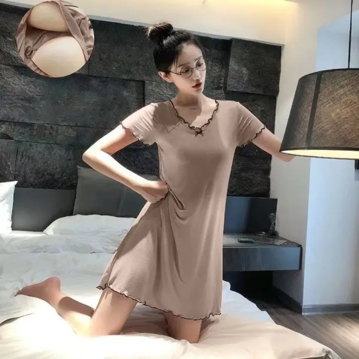 Pajamas%20Women's%20Summer%20One-Piece%20Short-Sleeved%20Dress%20with%20Chest%20Pad%20Mid-Length%20Student%20Cute%20Loungewear%20Can%20Be%20Worn%20outside%20-%20Image%204
