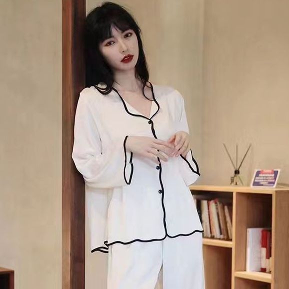 Black%20and%20White%20Simple%20Pajamas%20Women's%20Summer%20Milk%20Silk%20Thin%202024%20New%20Long%20Sleeve%20Internet%20Celebrity%20Home%20Wear%20Two-Piece%20Suit%20-%20Image%205