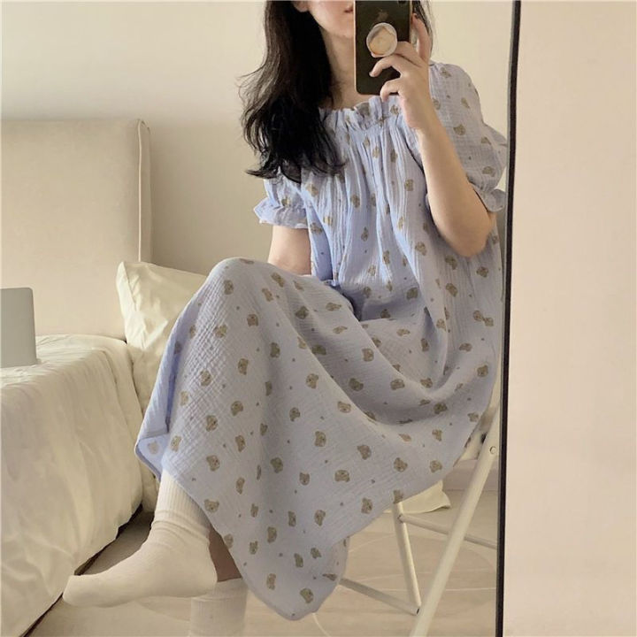 Korean Style New Nightdress for Women Summer ins Niche Sweet Cute Bear Young Lady Student Mid-Length Homewear