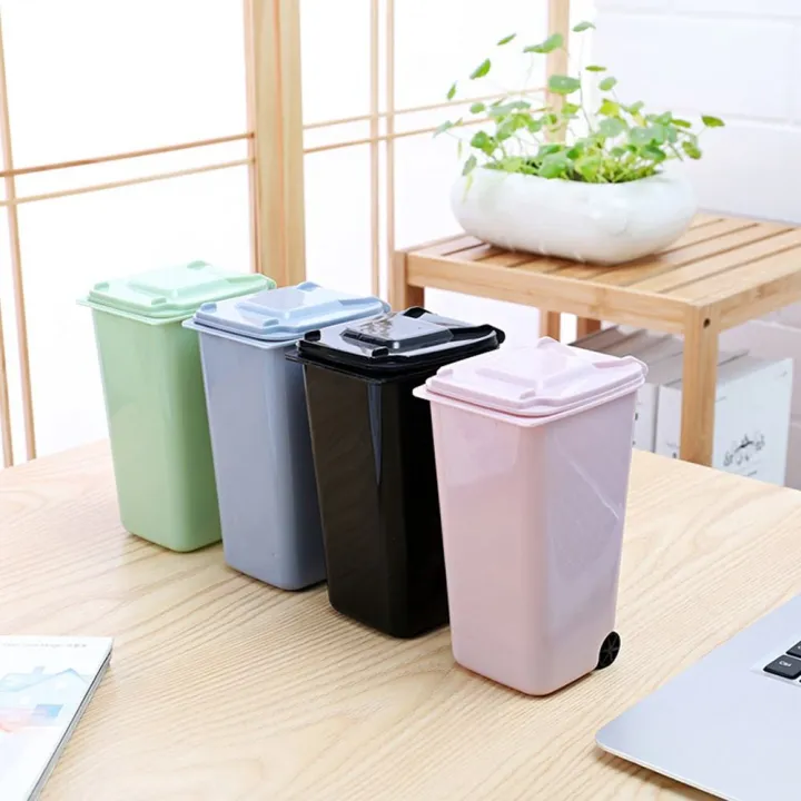 4 Color Desk Dustbin With Cover Pen Holder Mini Trash Can Garbage ...